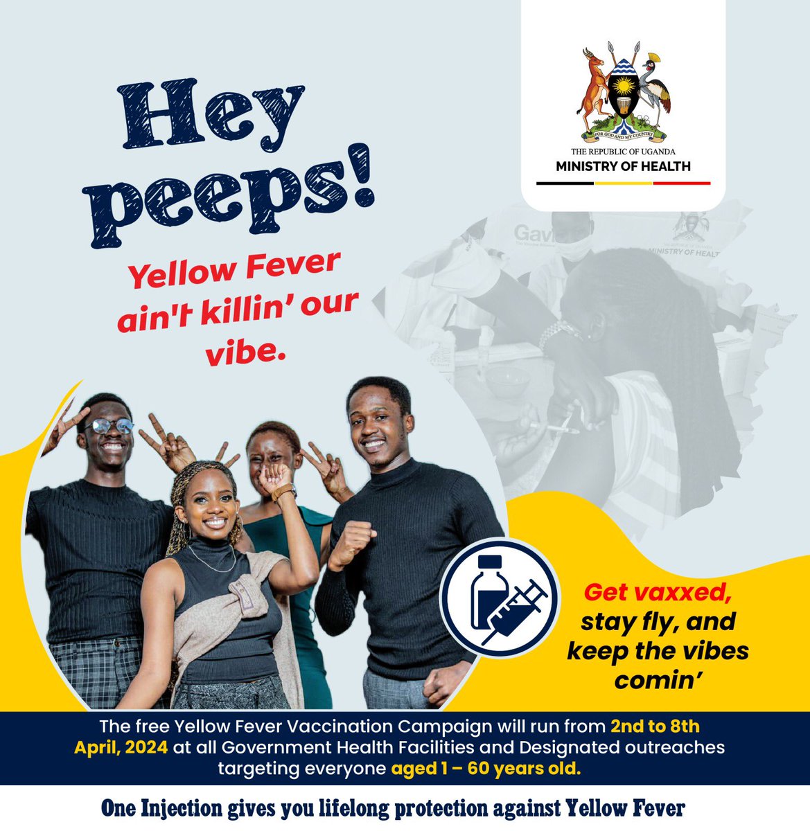Previously, the yellow fever vaccine was only available on a paid basis through private health providers and deployed principally for travellers but now it will be accessible at no cost for all citizens during the #YellowFeverFreeUG mass immunization exercise happening next week.