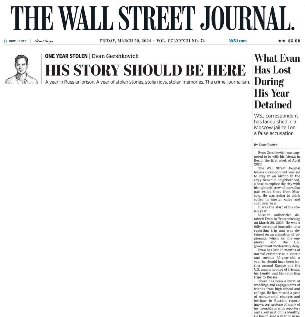 The front page of @WSJ today #IStandWithEvan