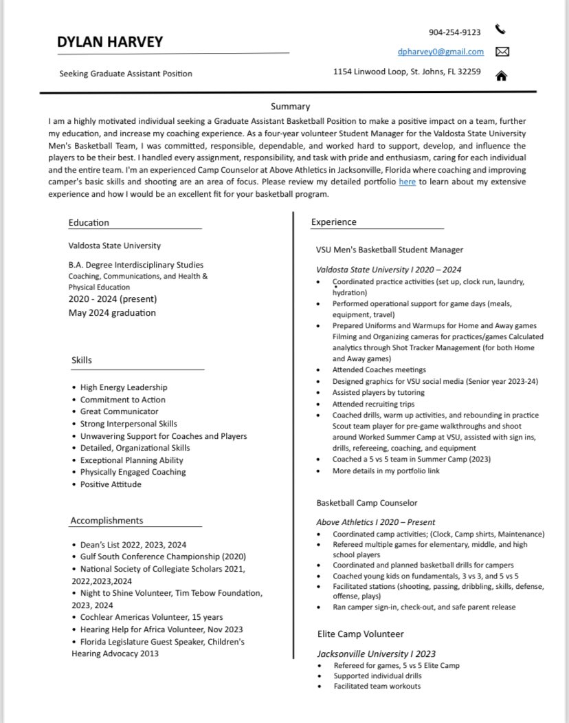 <a href="/LewisShine/">Lewis Shine (Graphic Designer)</a> Looking for a Graduate Assitant Position in Men’s Basketball. 4-year Student Manager at Valdosta State University (D2), that Graduates in May. Looking for an opportunity to jumpstart coaching career. Resume/Portfolio below ⬇️ 

- Dylan Harvey