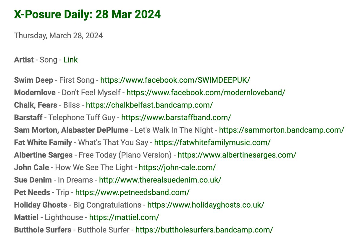 A full week of X-Posure Daily ready for listening @GlobalPlayer @RadioX! 4 hours of amazing new releases! From @BullTheBand to @SWIM_DEEP & so much more! 🎉🪩📻💃🕺🔥💚Catch up - globalplayer.com/catchup/radiox… xposuretracklists.net