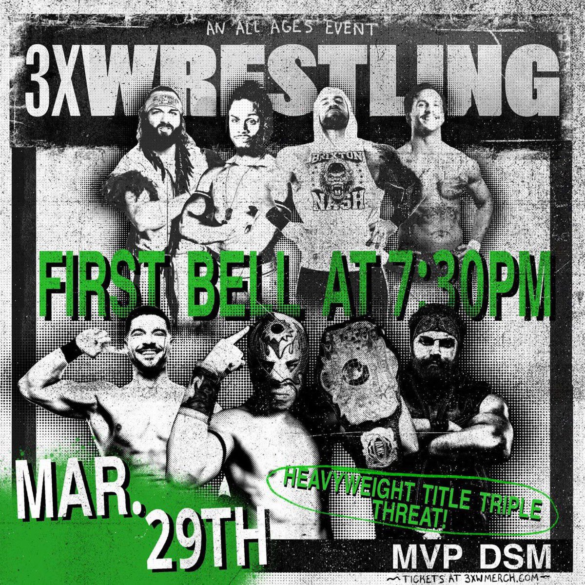 Today is Show Day! Tickets at the door or purchase online. Front Row Sold out, GA & 2-3 row available! 3xwmerch.com 6:45 Early Doors (1-3 Rows, VIP) 7:30 Doors 8pm Bell All ages show Lacheles Fine Foods on site before the show MVP DSM 4600 Park Ave Des Moines