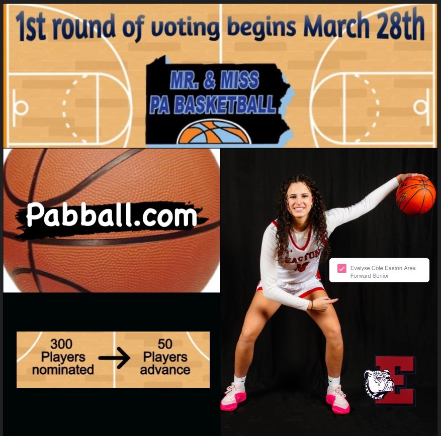 Easton Girls Basketball (@girlseaston) on Twitter photo 🌟VOTE Evalyse Cole-Easton Area Senior Forward for 2024 Miss PA Basketball ‼️
🌟First round of 300 nominees will be the Fabulous 50‼️
🌟Vote daily and often between now and April 5th‼️
🌟Please use the link below ⤵️
pabball.com
<a href="/evalysecole10/">Evalyse Cole</a>
<a href="/GoRedRovers/">Easton Athletics</a> 🌟VOTE Evalyse Cole-Easton Area Senior Forward for 2024 Miss PA Basketball ‼️
🌟First round of 300 nominees will be the Fabulous 50‼️
🌟Vote daily and often between now and April 5th‼️
🌟Please use the link below ⤵️
pabball.com
<a href="/evalysecole10/">Evalyse Cole</a>
<a href="/GoRedRovers/">Easton Athletics</a>