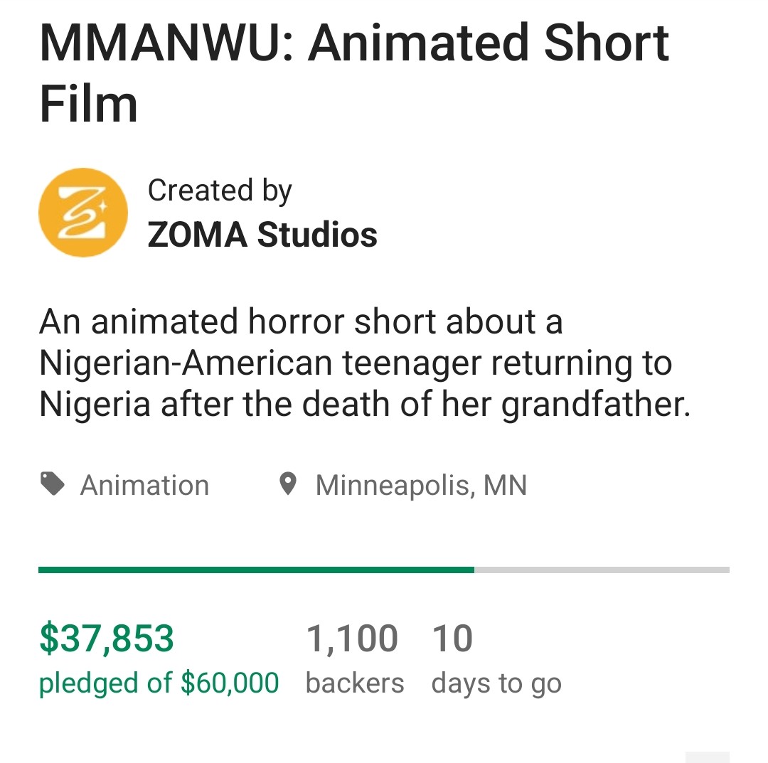 We're over 60% funded and we have less than 10 days left!

The animation looks beautiful, and the horror that lurks underneath is chilling! The potential is right there and it deserves to be made! Support and share!

#IndieHorror #IndieAnimation #MMANWU

kickstarter.com/projects/zoma/…