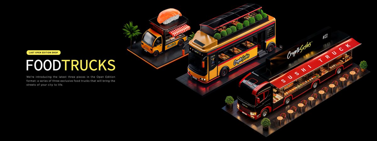 We're introducing the latest three pieces in the Open Edition format on NiftyGateway: a series of three exclusive food trucks that will bring the streets of your city to life!
--
🚐🍣👉 niftygateway.com/collections/cr…
--
#NFT #NFTCommunity #NFTCollection
