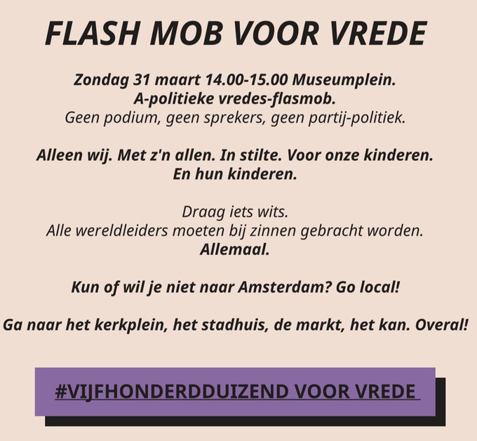 martijntjesmits's tweet photo. Kom op vóór de VREDE, kom met ons mee naar het Museumplein. 
Wij willen geen oorlogseconomie. Stop de roekeloze escalatie. Stop de bangmakerij. Voorkom verder bloedvergieten. Versterk de democratie. Kies voor internationale samenwerking &amp; diplomatie. #VijfhonderdduizendVoorVrede https://t.co/JJ53Oo8kRo