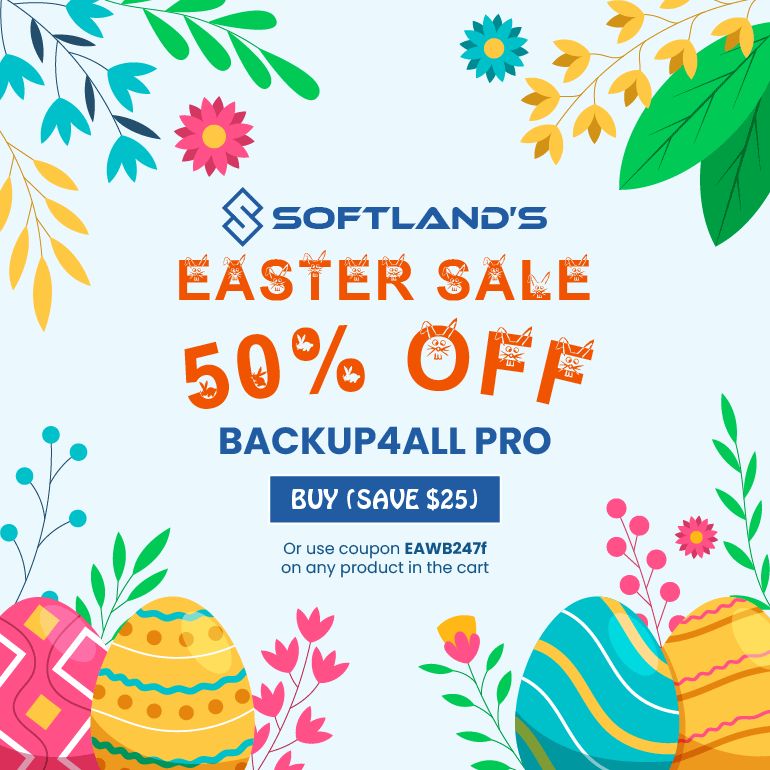 backup4all's tweet image. #Easter Sale: Save $$ on Backup4all
Hop into the #Easter spirit with a sweet deal! 🐇🐣👨💻 Get #Backup4all with a 50% discount and start protecting your data with a powerful backup software.
🎉 Don't miss out on this egg-citing offer, grab it now: buff.ly/3xoGHI9