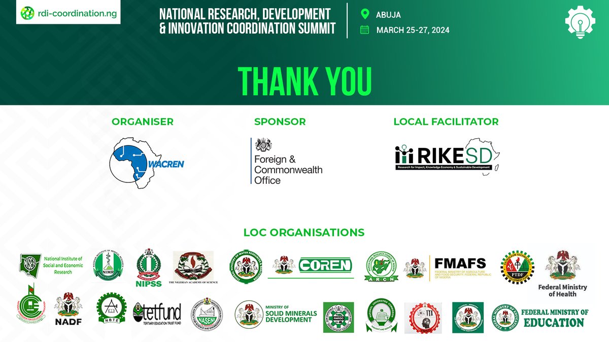 Kudos to <a href="/WACREN/">WACREN</a>, <a href="/FCDOGovUK/">Foreign, Commonwealth & Development Office</a>, <a href="/Rikesdglobal/">rikesd Global</a> and all gov't and non-gov't actors in the RDI ecosystem. Historic! 🇳🇬🇳🇬🇳🇬 #RDIsummitNigeria 🚀🚀