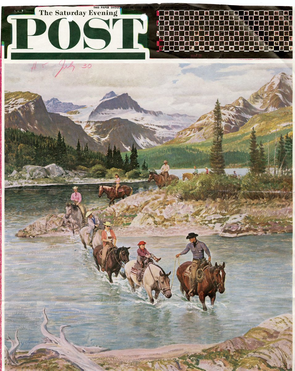 Today for #NationalParkWeek we’re taking a scenic horseback ride at @GlacierNPS! This John Clymer illustration proof for the cover of a 1960 Saturday Evening Post was sent to park officials for final approval and is today found in our holdings.