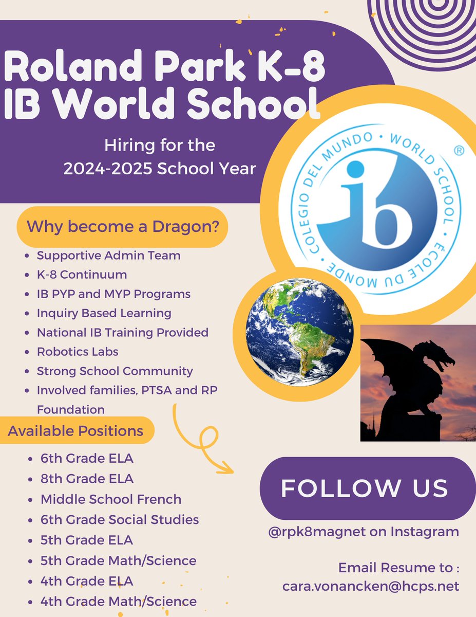 Roland Park K-8 IB World School (@rpk8magnet) on Twitter photo Are you ready to be a part of educational excellence? Join our team of talented educators and embark on a life changing IB journey! We are currently holding interviews. Send resume to cara.vonancken@hcps.net
#❤️RPLife #WeAreIB Are you ready to be a part of educational excellence? Join our team of talented educators and embark on a life changing IB journey! We are currently holding interviews. Send resume to cara.vonancken@hcps.net
#❤️RPLife #WeAreIB