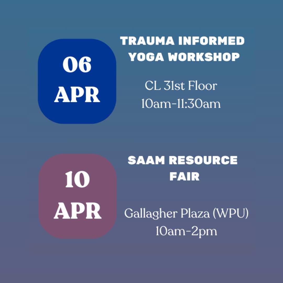 SHSPitt's tweet photo. There are so many ways to get involved with Sexual Assault Awareness Month this April. You can join a training, learn about resources to support survivors, or even share a story about healing with members of the Pitt community. To learn more, please visit: https://t.co/Fody8q9urQ https://t.co/3m0sjUQMkT