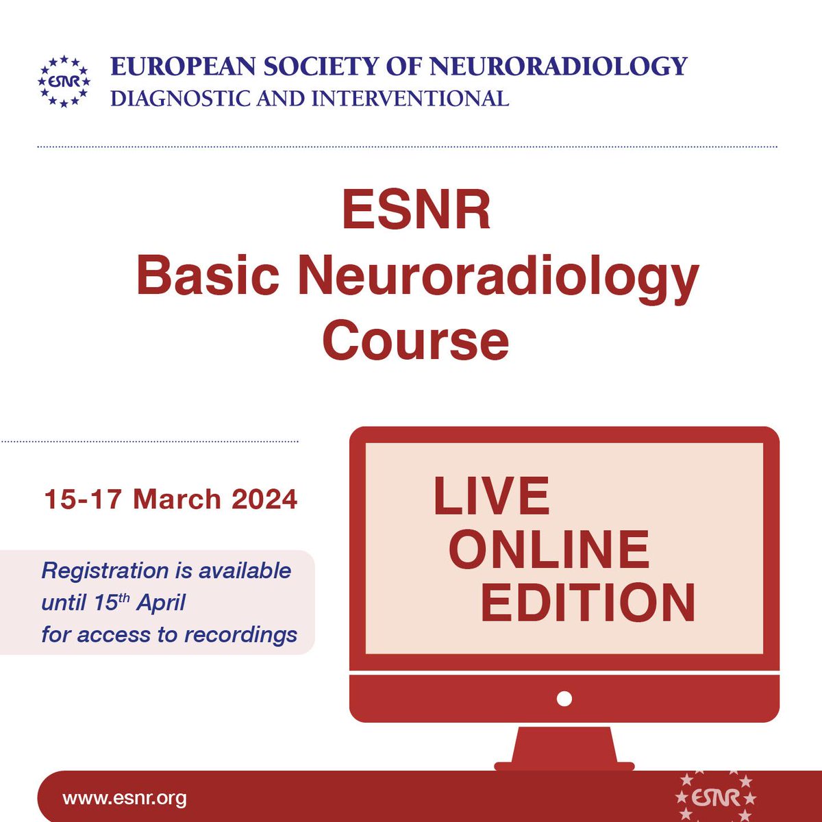 ESNR Basic Neuroradiology Course. The live course is completed but you can still register until 15th April and get access to the recordings of the sessions until 30th April! Info and registration available here: ow.ly/miuV50Q9p1k #Neurorad #RadRes #ThisIsESNR