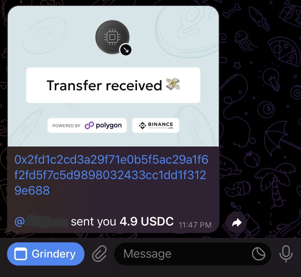 grindery_io's tweet photo. 4️⃣ Your Telegram contacts and friends using the Grindery wallet will receive a notification on their end with the TX of the transaction. https://t.co/M1xQlbsbWx