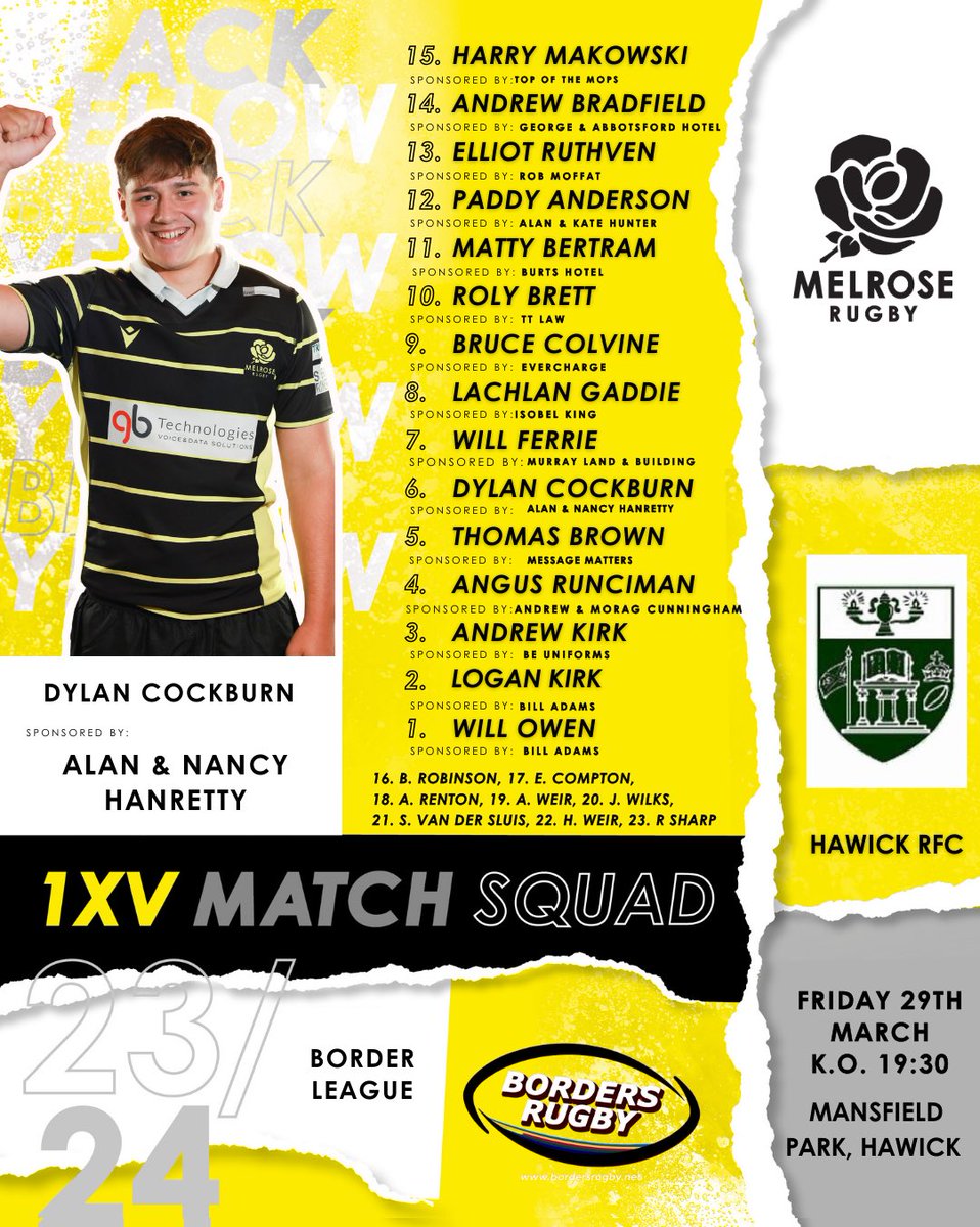 It’s Friday & we’re off for a night out under the lights at Mansfield Park! Here is your team for our Border League showdown against Hawick. ⏰ Kick off - 7:30pm #blackandyellow