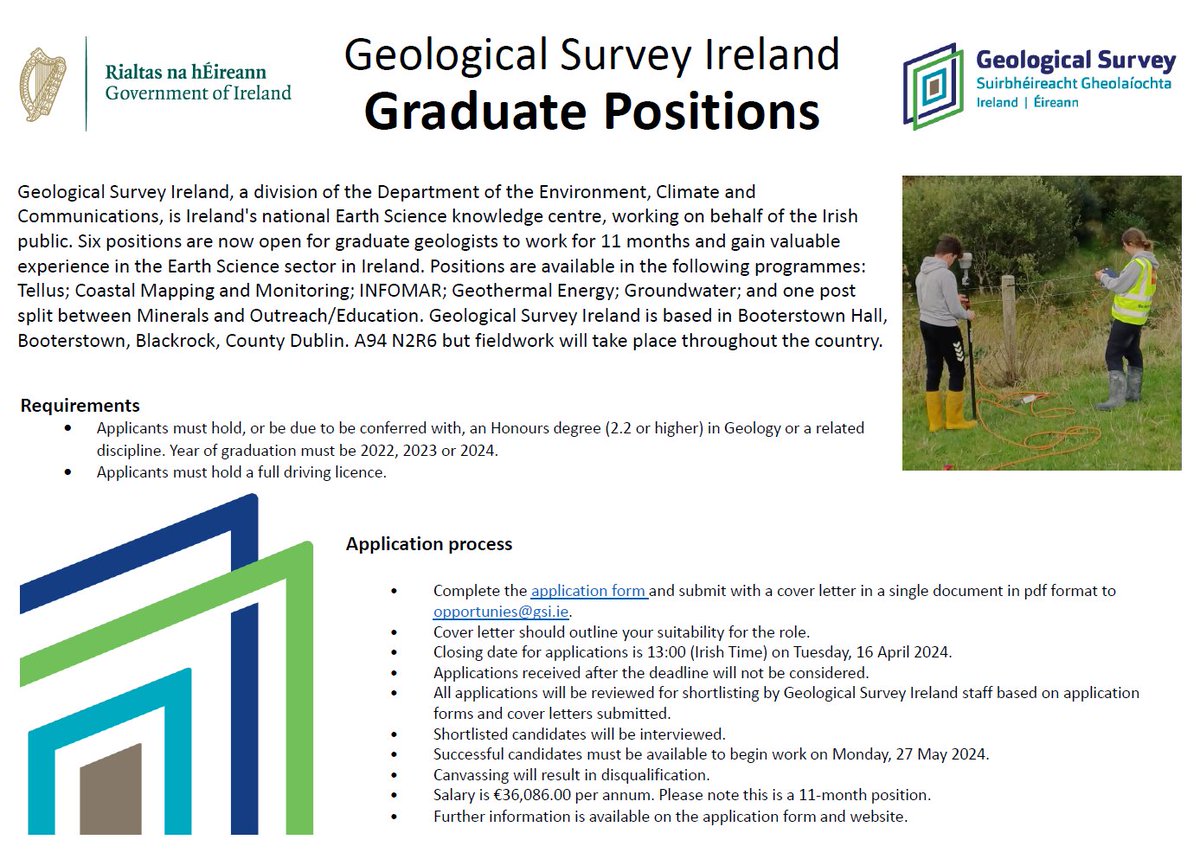 Applications are now open for the <a href="/GeolSurvIE/">Geological Survey IE</a> @Dept_ECC graduate positions 2024/ 2025. 
Deadline: 13:00 (Irish time) on Tuesday, 16 April, 2024.
#graduateposition #geologyjobs #jobfairy #geosceince #graduateopportunities
Full details:
gsi.ie/en-ie/events-a…