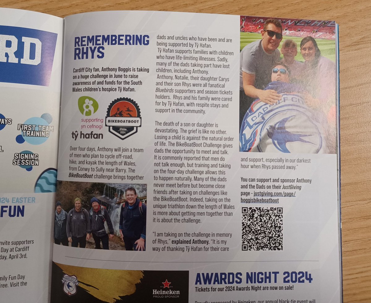Ant, Matt, James and Paul at @CardiffCityFC to watch the game against Sunderland. Thanks to the Bluebirds for featuring the story of Ant, Nat, Carys and Rhys and the #BikeBoatBoot challenge for @tyhafan in the match programme