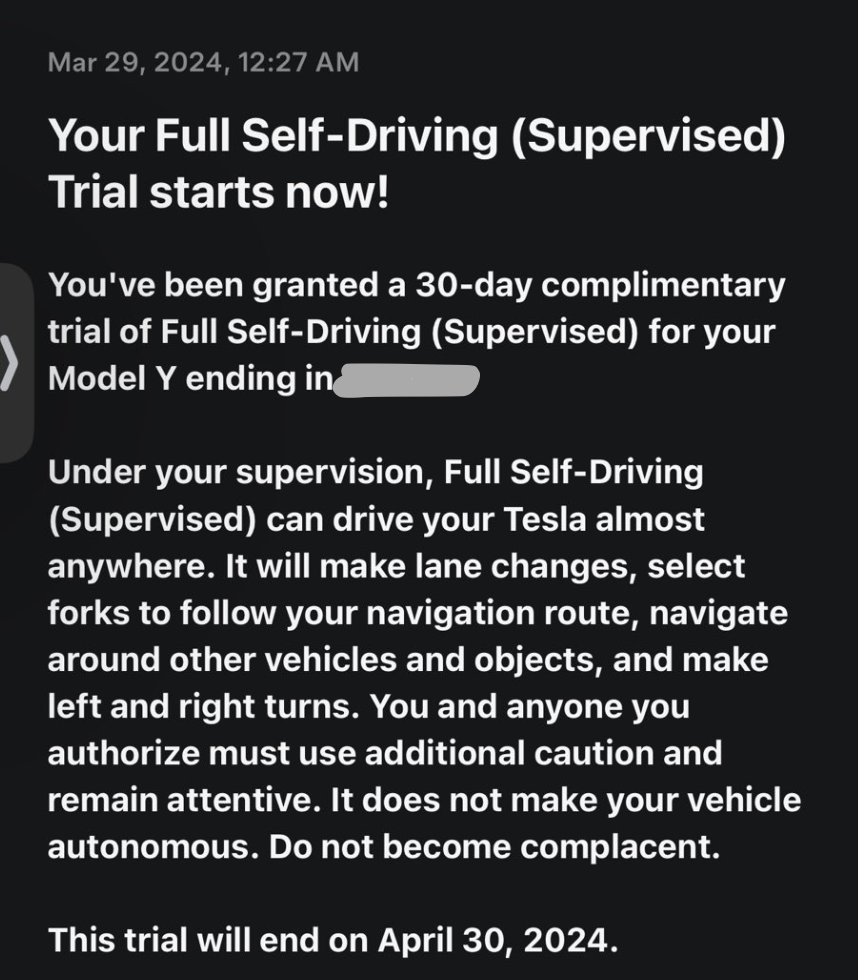 SawyerMerritt's tweet image. BREAKING: Tesla's FSD free trial is starting to roll out to Tesla owners in the U.S. that didn't previously purchase FSD.

Within the next few weeks, over 1.7 million Tesla owners in North America will get to try FSD Beta for free for the first time via this trial.