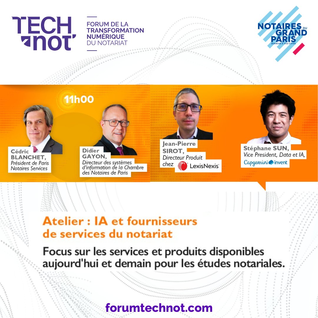 🟣 [PROGRAMME] 11h00 - Atelier '#IA et fournisseurs de services du #notariat, Focus sur les services et produits disponibles aujourd'hui et demain pour les études notariales.' 📍RDV le jeudi 4 avril ! ▶ forumtechnot.com #TechNot #technot2024 #notaria