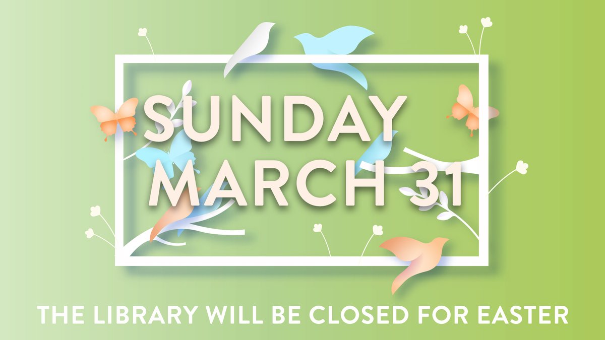 The Barrington Area Library will be closed on Sunday, March 31, 2024, for Easter. We are open all regular hours on Friday, March 29, and Saturday, March 30.