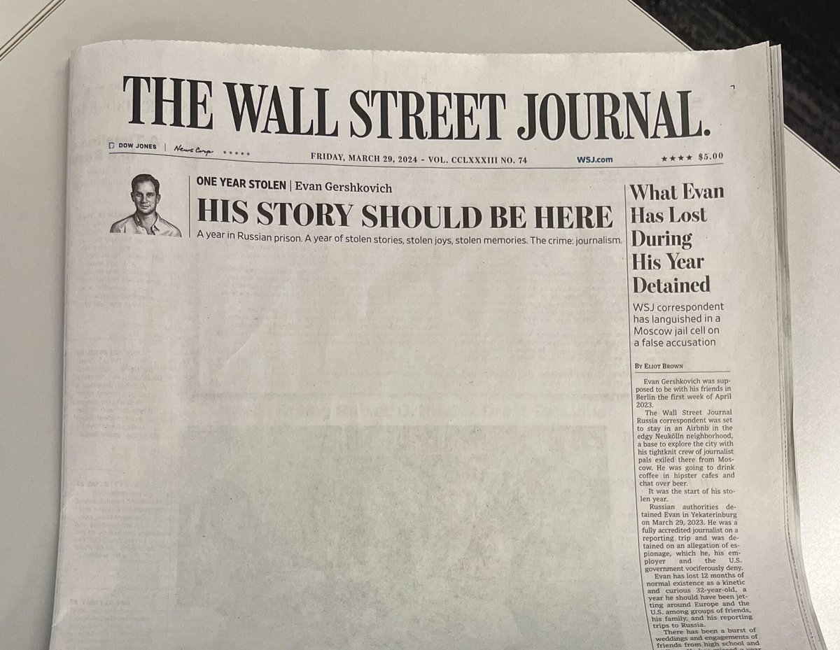 WSJ reporter @evangershkovich has spent a year wrongly imprisoned in Russia. He's missed a world of everyday joys and satisfaction, and the world has missed his vital reporting. #IStandWithEvan #FreeEvan #JournalismIsNotACrime