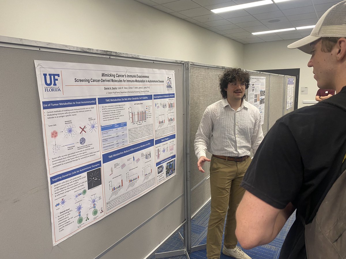 clintonsmithBME's tweet photo. I also want to shout out my undergrads Daniel Osorio and Collin Talbot for presenting their soon-to-be published work yesterday at Biomaterials Day! @BiomaterialsFL. Daniel will spend the summer at my alma mater @GeorgiaTech for their Summer Undergraduate Research Experience! https://t.co/LXd9xqrLMH