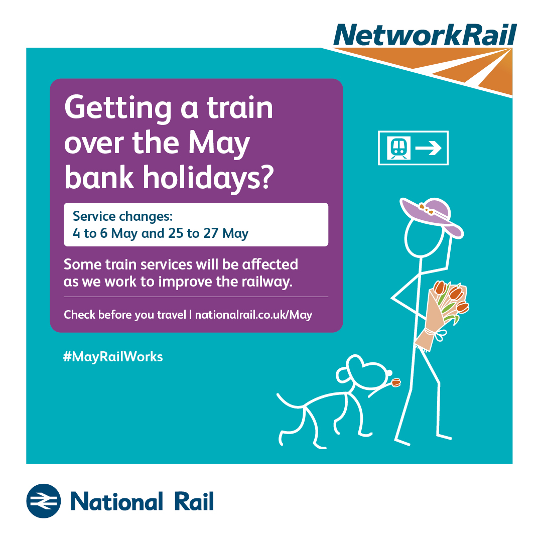 NetworkRailSCOT's tweet photo. Getting a train over the late May bank holiday weekend, 25 to 27 May?

Some train services will be affected as work to improve the railway. Check before you travel.

#MayRailWorks
