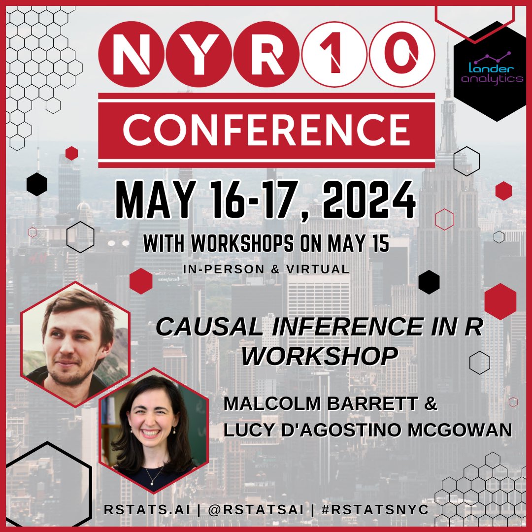 I am excited to be doing another Causal Inference in R Workshop with @malco_barrett at the New York R Conference (<a href="/rstatsai/">rstatsai</a>) on May 15! 

Join @malco_barrett in NYC or me virtually! 

🎟️ tickets here: rstats.ai/nyr 
👯‍♀️ save 20% with code NYR10

#rstatsnyc #rstats
