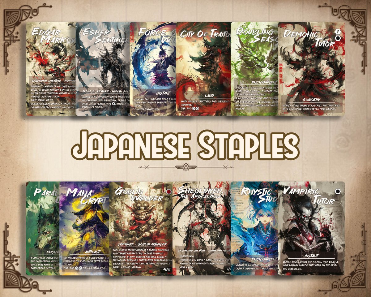 Magical_Proxy's tweet image. Made a good selection of #commander #mtg cards in a japanese style art. Hope you like it !

You can get them in - magicalproxy.etsy.com 

#MTGArt #MagicTheGathering #cEDH #MTGArena #mtgsecretlair #EDH #Mtgproxy #MTGPioneer #mtgfinance #mtgalter