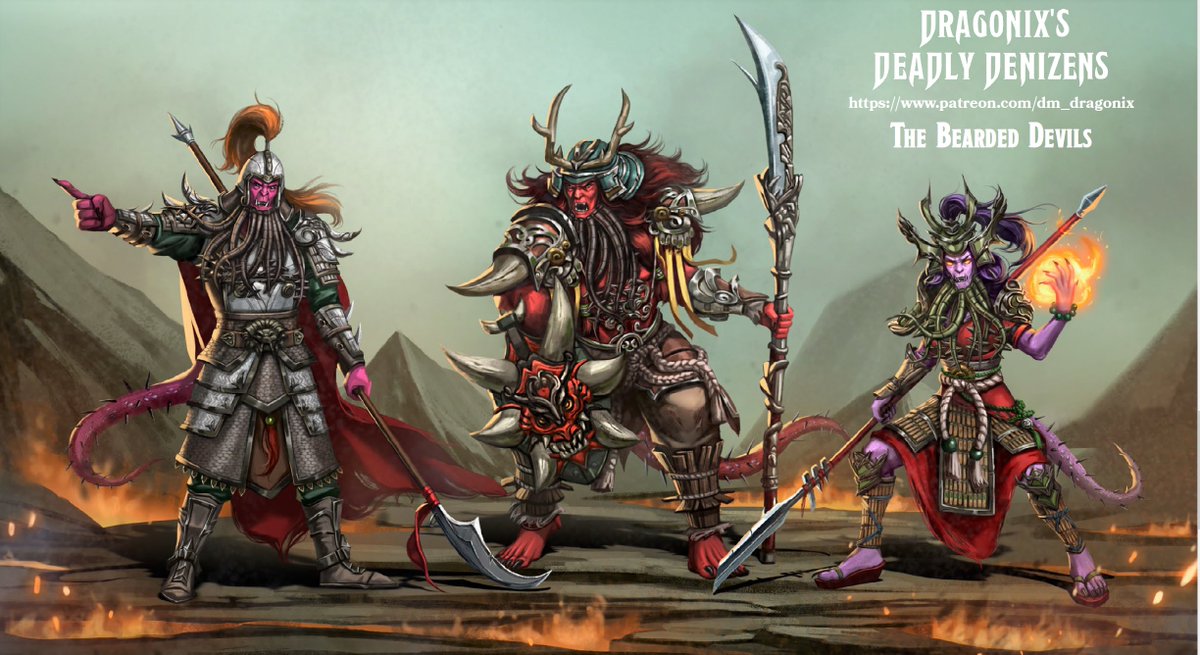 Deadly Denizens April 'Flaming-Hot' Issue 2024 Legendary Art Preview #5. If you ever needed to fill out an infernal squadron to take on your party, then I'm happy to inform you that a trio of hot-headed bearded devils will be joining the April issue!