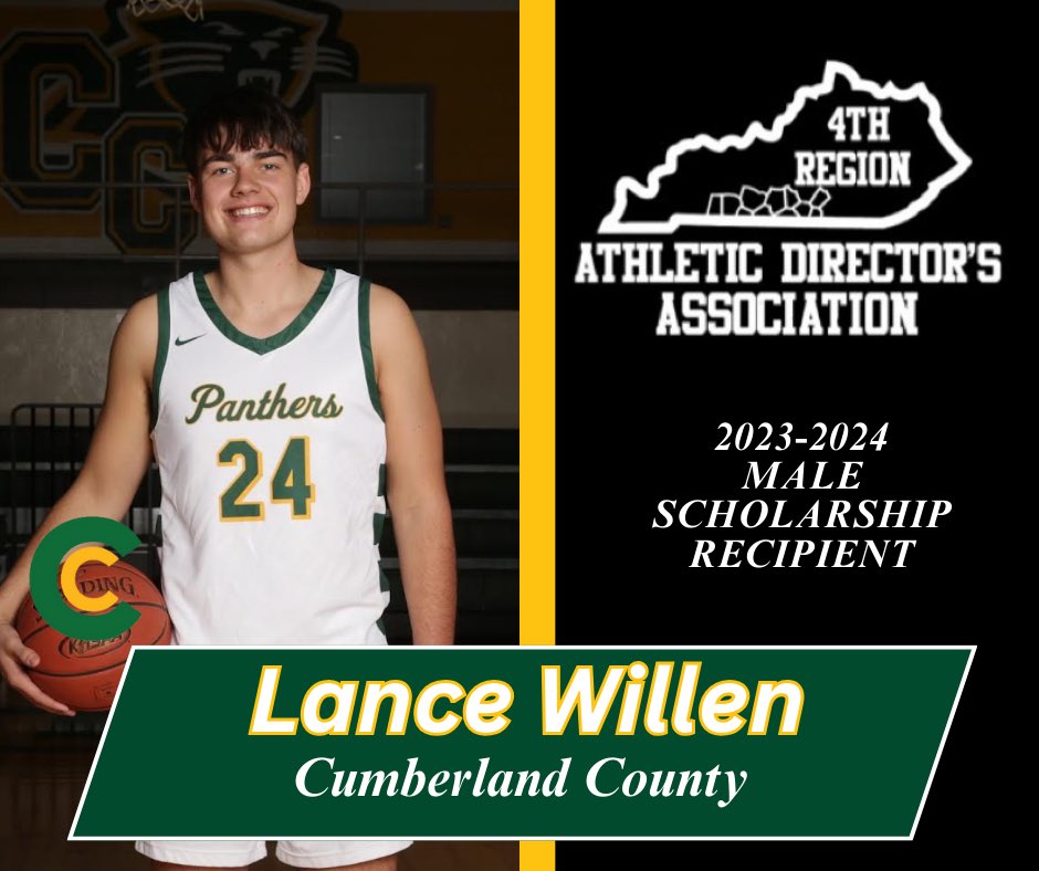 4th Region Athletic Directors Association (@4thregionads) on Twitter photo The <a href="/4thRegionADs/">4th Region Athletic Directors Association</a> award a scholarship every year to a male and female that excel in their academics, athletics, and community service. This year’s male recipient is Lance Willen from <a href="/cumbcosports/">Cumberland Co. HS (KY)</a>! Congrats Lance on a great year and good luck in your future endeavors! The <a href="/4thRegionADs/">4th Region Athletic Directors Association</a> award a scholarship every year to a male and female that excel in their academics, athletics, and community service. This year’s male recipient is Lance Willen from <a href="/cumbcosports/">Cumberland Co. HS (KY)</a>! Congrats Lance on a great year and good luck in your future endeavors!