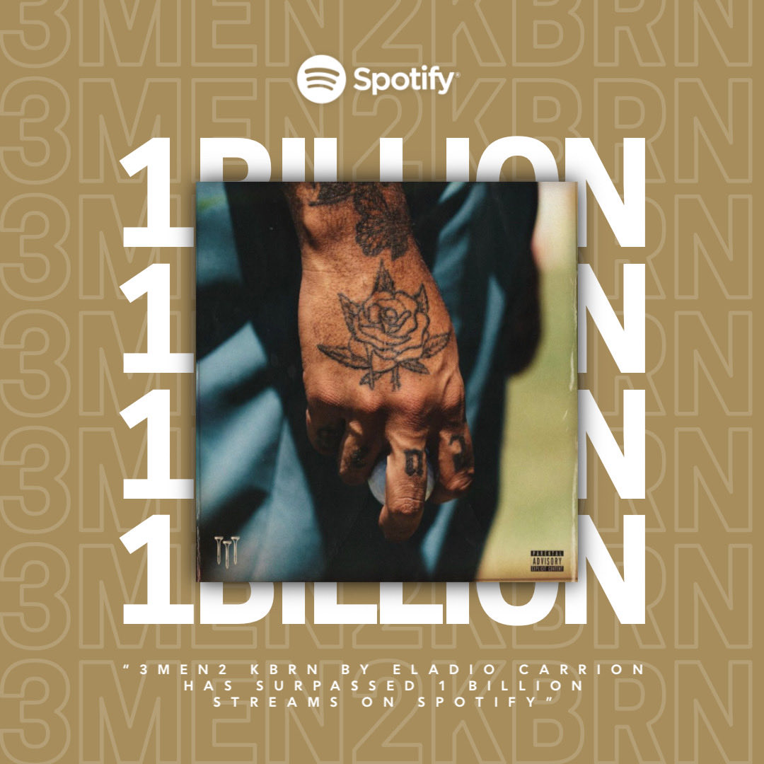 “3MEN2 KBRN” de <a href="/eladiocarry_on/">ELA 🥷</a> ha superado los MIL MILLONES de streams en Spotify. Es su 4to proyecto en lograr dicha cifra.