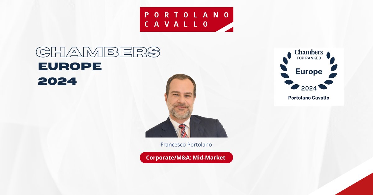 🏆CHAMBERS EUROPE 2024 Our partner Francesco Portolano has been ranked in Band 4 of Chambers Europe 2024 for #Corporate/M&A: Mid-Market practice. 👉 Read more: portolano.it/en/the-firm/re… #MergersAndAquisition @ChambersGuides