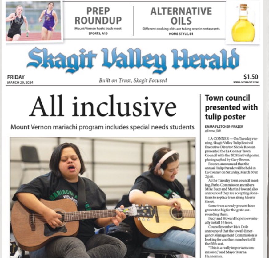 My Students MV Mariachi All Stars Made the front Page of the Skagit Valley Herald! Get your copy today!! Go Bulldogs!!💚💚 @ @ChordBuddy #musiceducation #mariachieducation #forthekids