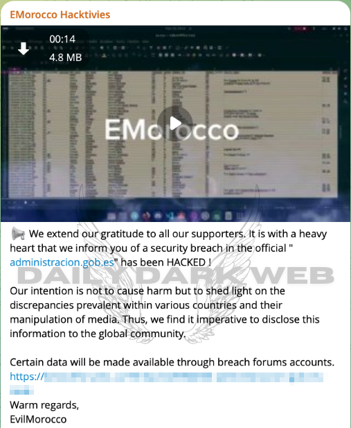 DailyDarkWeb's tweet photo. #Spain 🇪🇸 - EMorocco, aka EvilMorocco, group claims to have hacked into Punto de Acceso General (https://t.co/RhZfmcN0aL)

The group says that its intention is not malevolent but rather to shed light on the discrepancies prevalent within various countries and their manipulation of media.

#DarkWeb