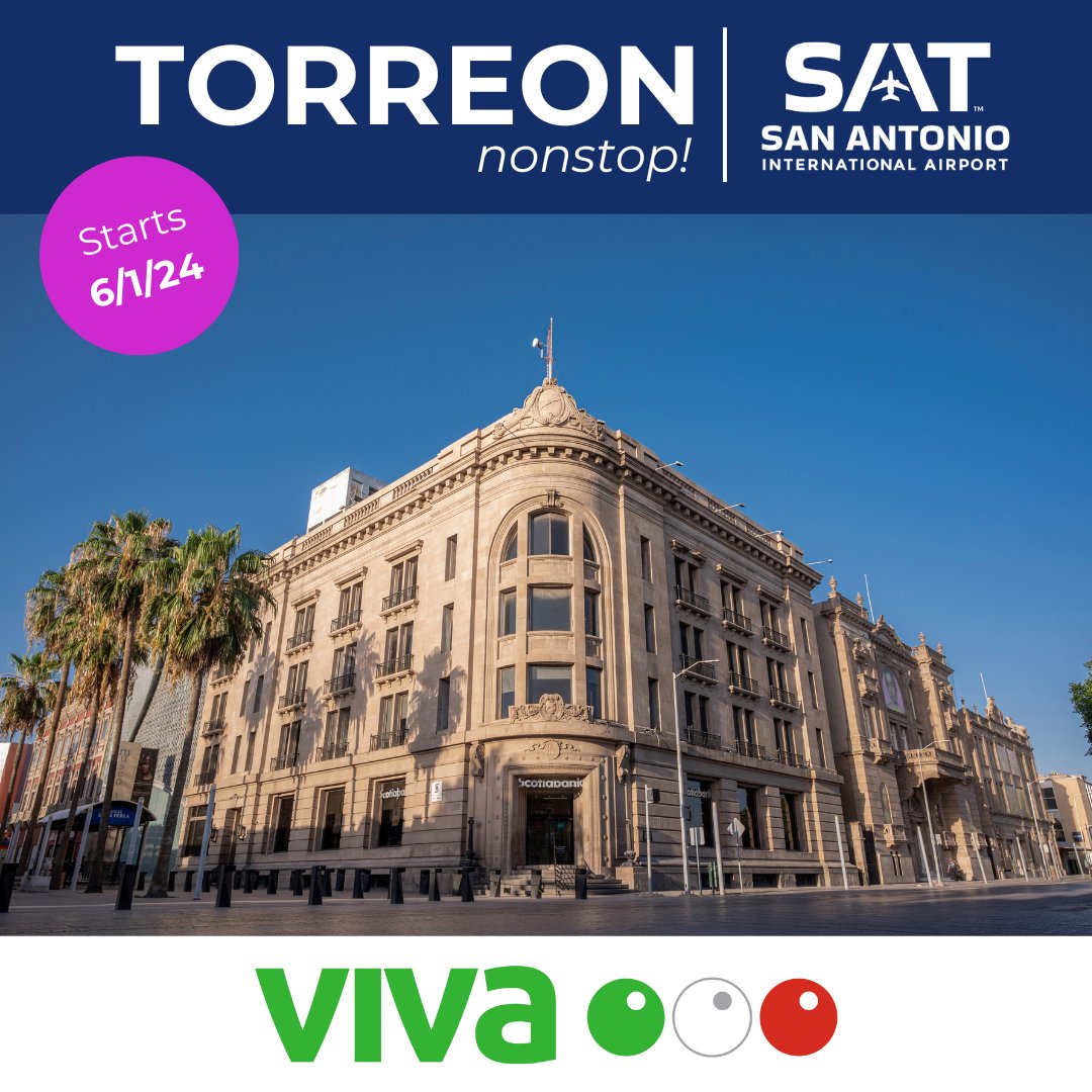 Our nonstop options to Mexico keep growing! ✈️ This June, @VivaAerobus will launch twice-weekly service to Torreon bringing their total number of destinations served from SAT to 5! #flySAT