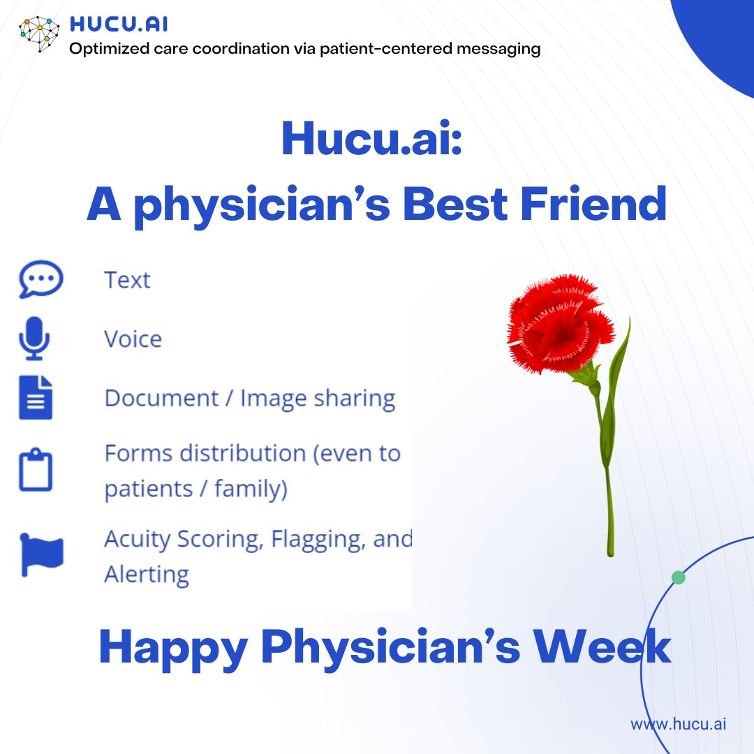Hucu.ai and physicians: the ultimate combination for patient-centric care, through secure, easy, fast, workflow-driven notifications; all in one place.  
Happy Physicians Week     
#PhysiciansWeek #EfficientHealthcare #Innovation #Collaboration #Communication