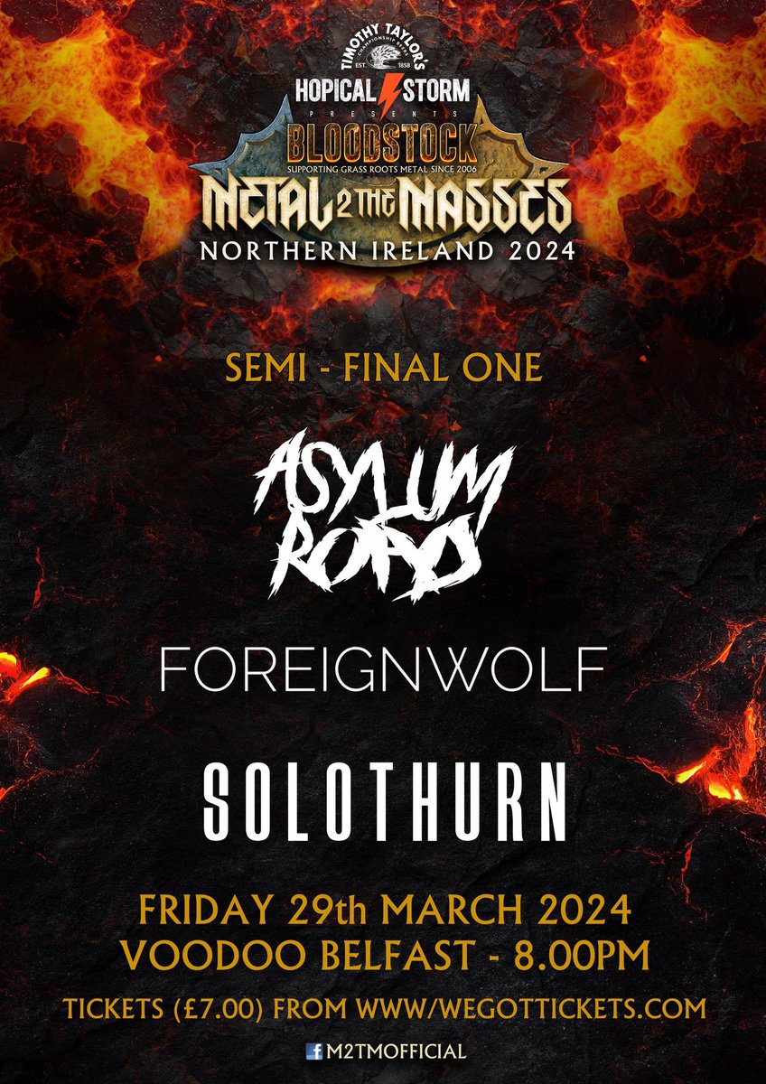 🔥🧨 FINAL CALL FOR TONIGHT! 🔥🧨 Tickets will be on sale until around 5pm and you can pay on the door after that. £7.00 - cash and card. TWO bands will go through to the final from tonight’s Semi. 🎟️ Tickets: wegottickets.com/event/609891 Asylum Road ForeignWolf Solothurn 8.00pm