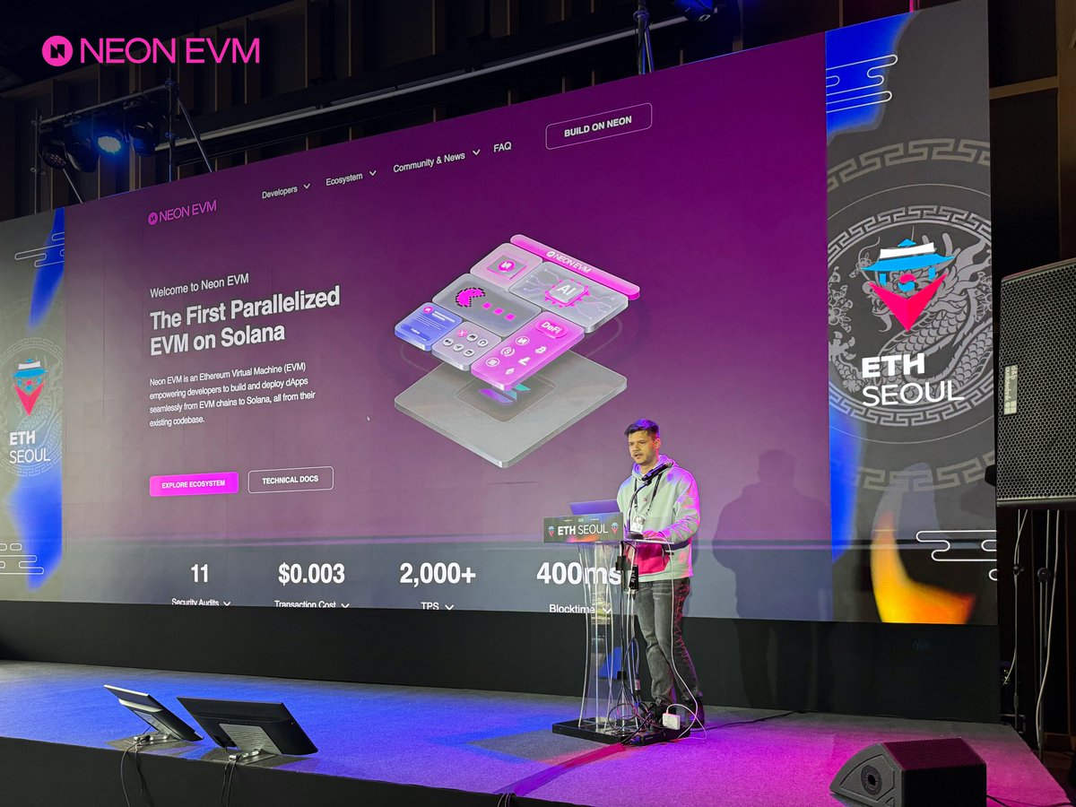 ETH SEOUL 2024 with Neon EVM 🔥 @0xlucianx0, our Lead Integration Engineer, on-stage giving a fire talk on building dApps on Neon EVM Neon EVM is delighted to participate as the Gold Sponsor for @eth_seoul_ . Join us as the BUIDL continues 💻 🚀