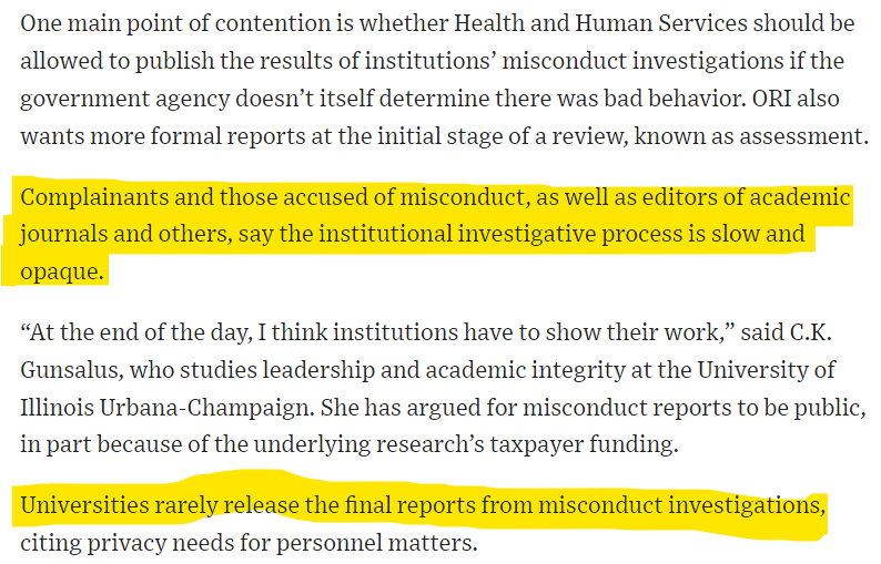Currently research fraud is investigated by the institution itself, who rarely releases the final report of the investigation. This is like fox guarding hen house. No wonder @CUNYNeuro @CUNY continues to cover up Wang's fraud. $SAVA wsj.com/us-news/educat…