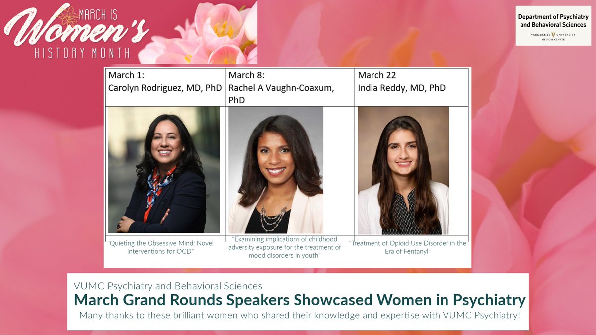 Many thanks to these brilliant women who shared their knowledge and expertise with VUMC Psychiatry during Women's History Month 2024! Their talks and others are available on the VUMC Psychiatry YouTube channel youtube.com/@vumcpsychiatr…