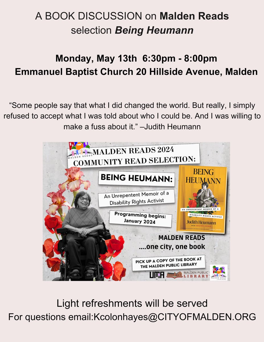 colon_hayes's tweet photo. I am so excited to be leading this! Please join us.
“A Book Discussion for the Malden Reads 2024 selection Being Heumann by Judith Heumann,  with Councillor Karen Colón Hayes. Light refreshments served.” https://t.co/Sntw1OWG60