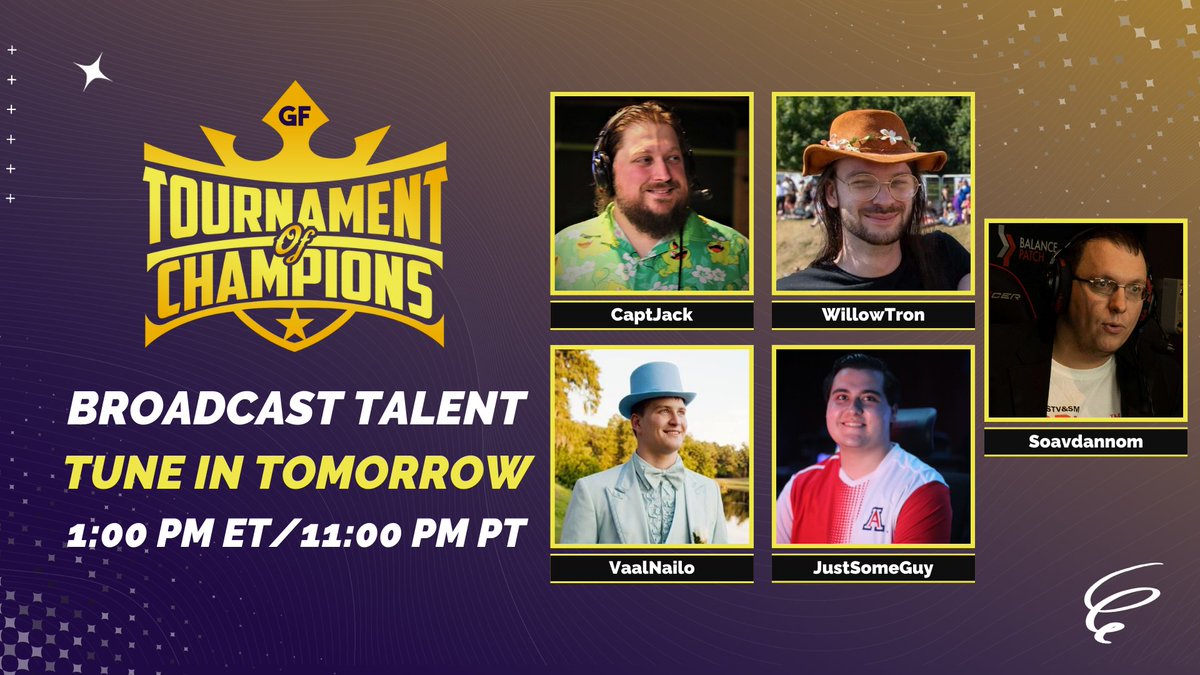 🎙️ Bringing the magic on the mic

Introducing the casting talent for tomorrow's Tournament of Champions event

🎤 <a href="/Capt_Jack87/">🦋CaptJack87.RevolutionGG.org🦋</a>
🎤 <a href="/marriedtodoor/">Willow</a>
🎤 <a href="/VaalNailo/">Ryan Dundee</a>
🎤 <a href="/JustSomeGuyOW/">JustSomeGuy</a>
🎤 <a href="/SoavDannom/">Soavdannom | Sam Donovan</a>