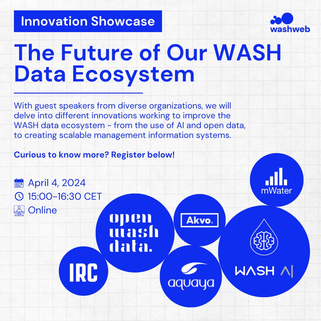 📊The future of our WASH data ecosystem 🗓️ Thursday, April 4th at 15:00-16:30 CET 💡WASHWeb.org first online event. Speakers from @akvo, @Aquaya, @IRCWASH, @mWaterCo, @openwashdata, Katy Sill and washai.org. Register: us06web.zoom.us/meeting/regist…