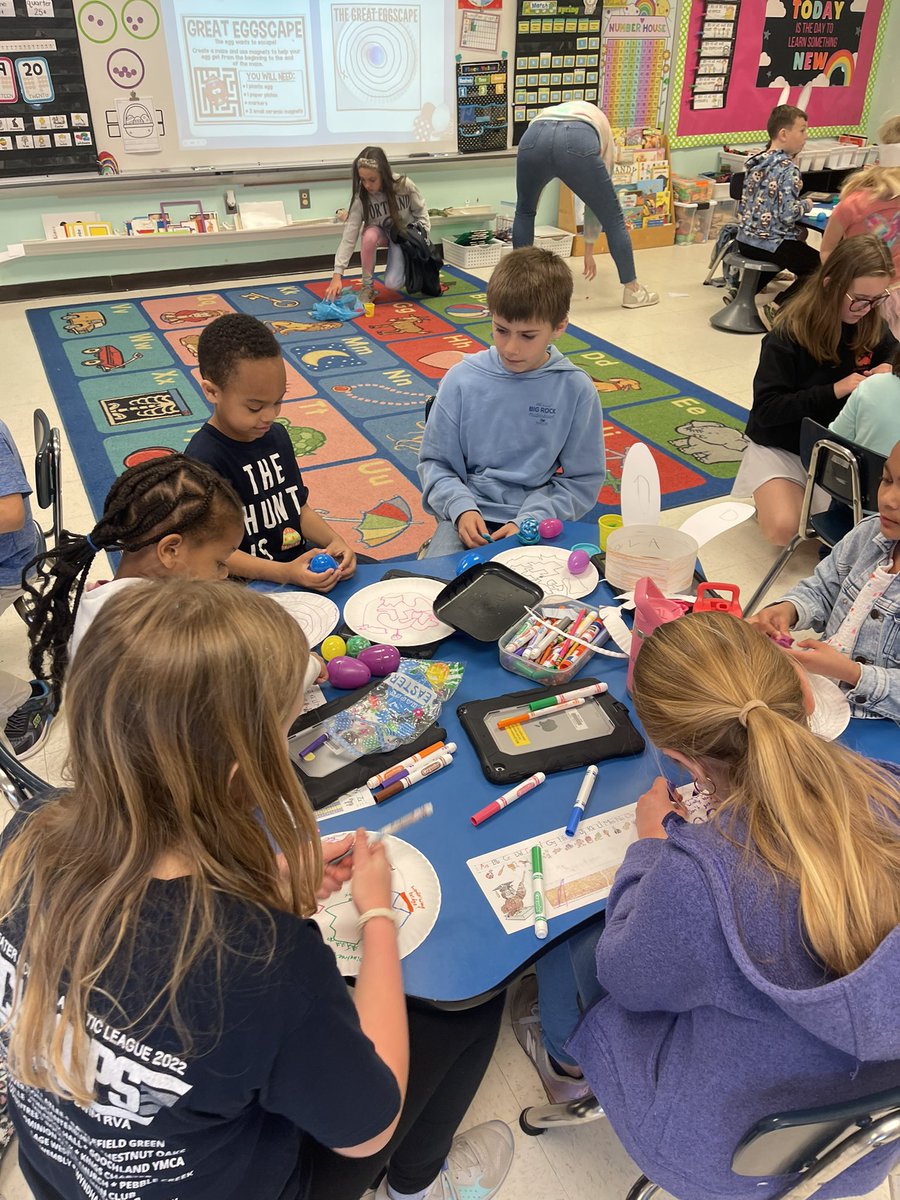 kelleyetaylor's tweet photo. Egg-citing STEM with our kindergarten buddies! We helped our eggs “egg-scape” a maze and built egg towers. Thanks for always planning the fun, @LibbyRoutson! 🥚 🐰 https://t.co/YANyv5U9Oa