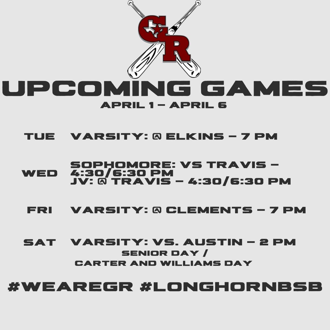 George Ranch Baseball (@grhsbaseball) on Twitter photo Big week ahead.
#WeAreGR #LonghornBSB
<a href="/pinkpatterson/">Heather Patterson</a> <a href="/CoachADutch/">Coach Alicia Dutch</a> <a href="/CoachCaseyVogt/">Casey Vogt</a> <a href="/GRHSIRadio/">GRHS I-Radio</a> <a href="/GRHSABC2/">George Ranch High School Athletic Booster Club</a> <a href="/CarterCoyotes/">Carter Elementary</a> #WilliamsWranglers Big week ahead.
#WeAreGR #LonghornBSB
<a href="/pinkpatterson/">Heather Patterson</a> <a href="/CoachADutch/">Coach Alicia Dutch</a> <a href="/CoachCaseyVogt/">Casey Vogt</a> <a href="/GRHSIRadio/">GRHS I-Radio</a> <a href="/GRHSABC2/">George Ranch High School Athletic Booster Club</a> <a href="/CarterCoyotes/">Carter Elementary</a> #WilliamsWranglers