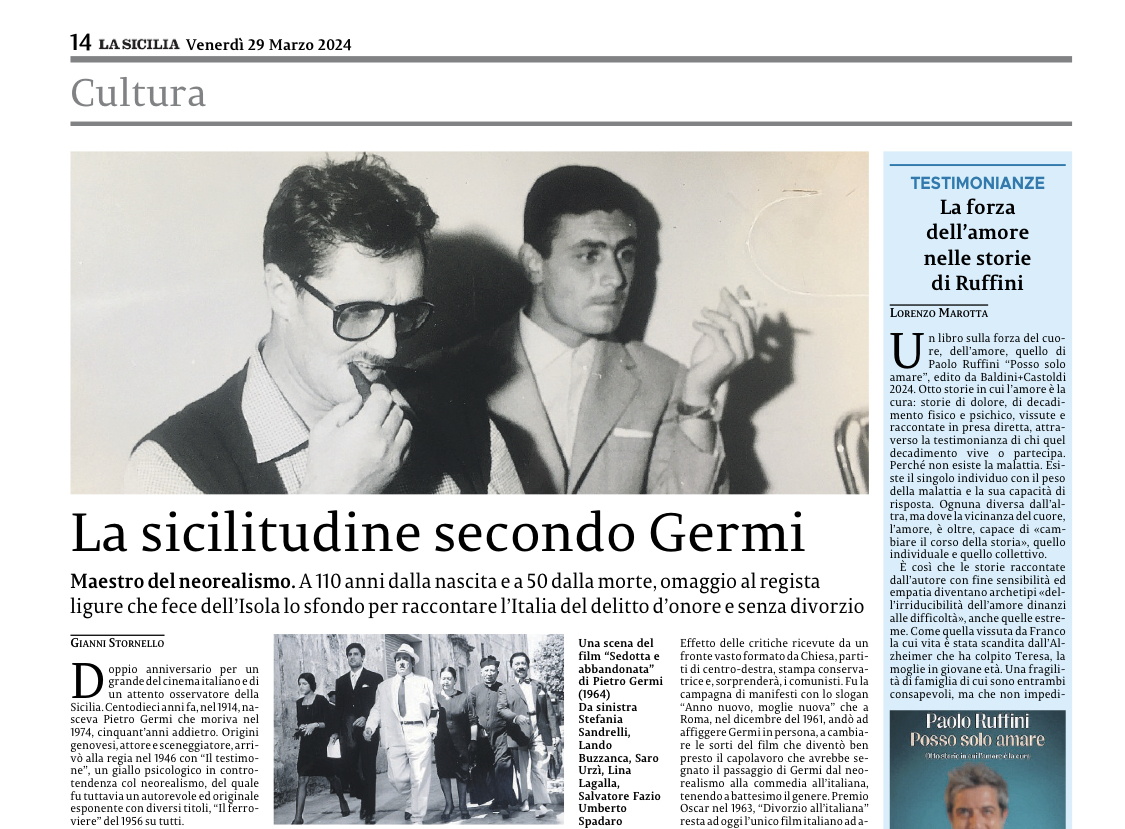 GianniStornello's tweet photo. 110 anni fa nasceva e 50 anni fa moriva #PietroGermi. Il doppio anniversario è ricordato oggi da #LaSicilia dove evidenzio il rapporto fra il regista genovese e l’Isola (5 film su 19 di Germi regista sono ambientati in Sicilia)
#PietroGermi #Sicilia #Cinema #SiciliaItaliaDueVolte https://t.co/Ui0hhzBLgc