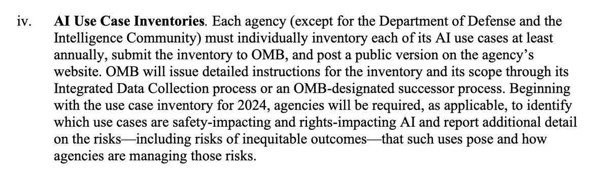 Speaking of favorite bits in the new OMB memo (see @nrmarda thread for the breakdown why it matters x.com/nrmarda/status…): Detailed public disclosures of every AI use case across government alongside risk reporting. Followed by least favorite (& most dangerous)... (1/2)