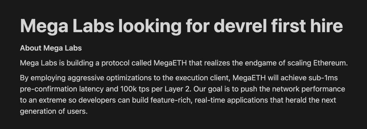 Mega Labs <a href="/megaeth_labs/">MegaETH</a> is hiring for DevRel

This is a huge opportunity to get in early with an incredible team. Big upside potential.

spark-list-d20.notion.site/Mega-Labs-look…