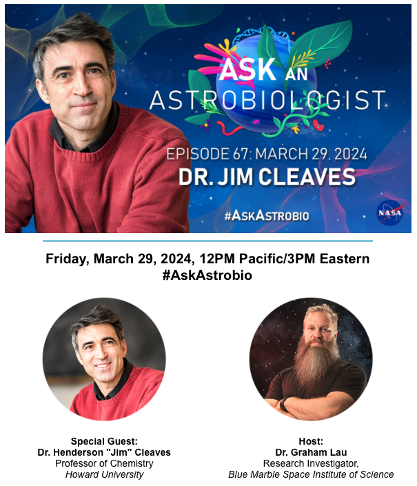PCE3_Sci's tweet image. Tune in Today, February 29, at 1.00pm Pacific/3.00pm Eastern, for the next episode of Ask an Astrobiologist, featuring Jim Cleaves.
astrobiology.nasa.gov/ask-an-astrobi…