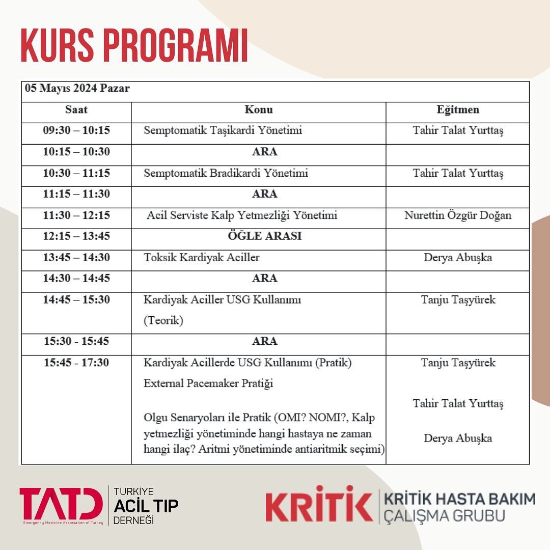 Kritik Hasta Bakımı Çalışma  Grubu tarafından düzenlenen Kardiyak Aciller kursumuz kayıt almaya başlamıştır. Detaylı bilgi ve kayıt için 
👉🏻 tatd.org.tr/tatdem/kurs/ka…