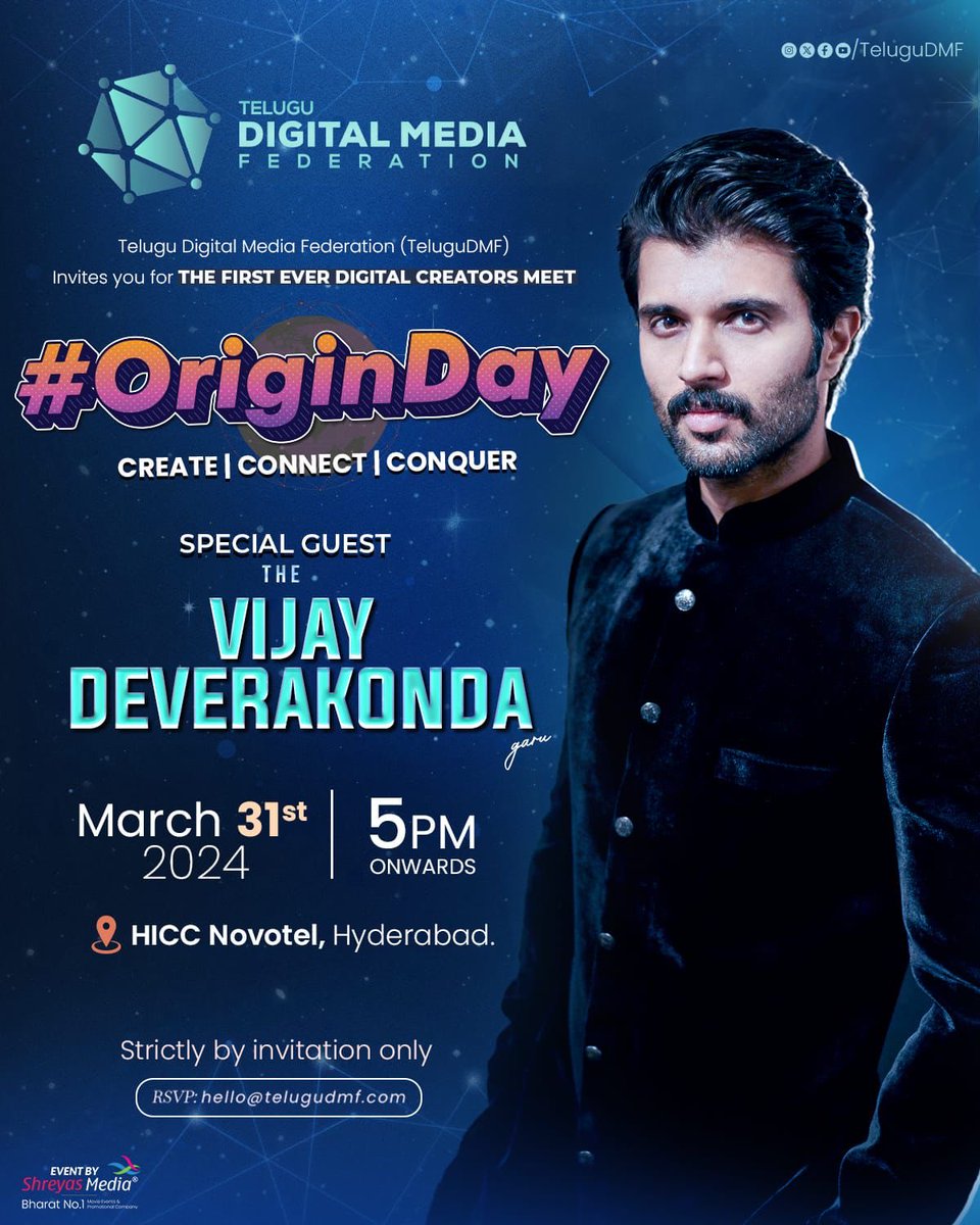 .⁦@TheDeverakonda⁩ will grace #OriginDay as the special guest, adding his charm to the celebration!❤️

@TeluguDMF Proudly Presents Manifesto Meet💥

📅 Date: March 31st, 2024
📍 Venue: HICC Novotel, Hyderabad 

🔗 telugudmf.com